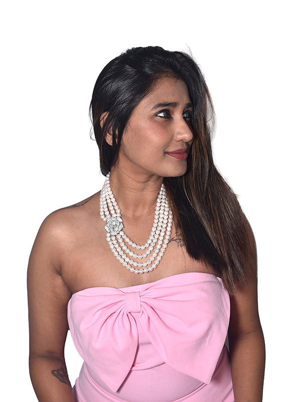 Beads Mala With Flower Designs AD Pendant | Four Line Beads Mala