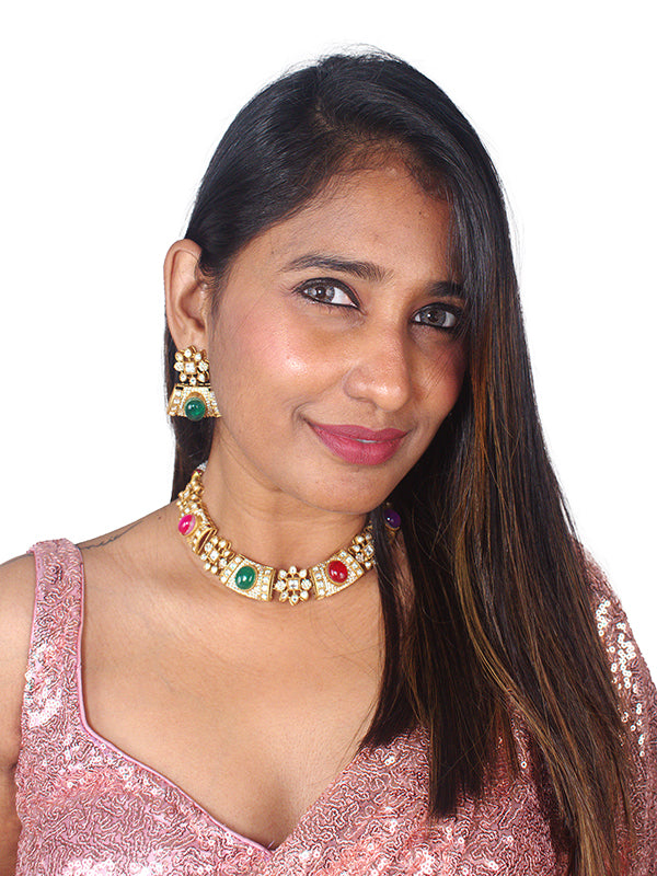 Traditional Necklace Set with Kundan | Golden Necklace with Colorful Gemstones