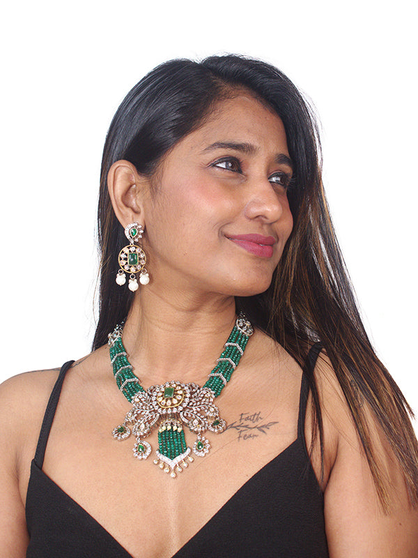 White Ad Necklace | Stone Necklace with Green Beads