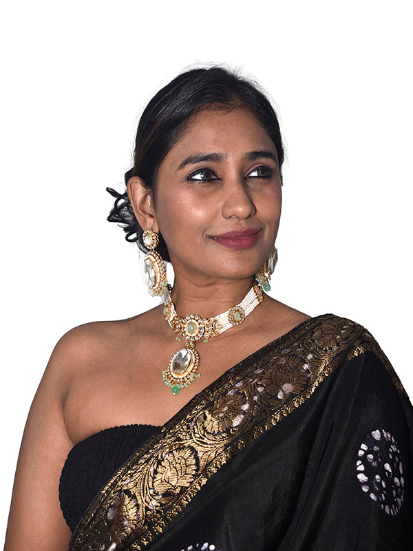Kundan Necklace with Beaded | Elegant Choker with a Large White Gemstone Pendant