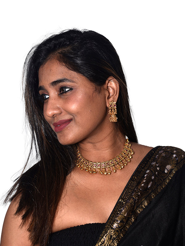 Golden Necklace with Red Stones | Traditional Necklace Set with Hanging Beads