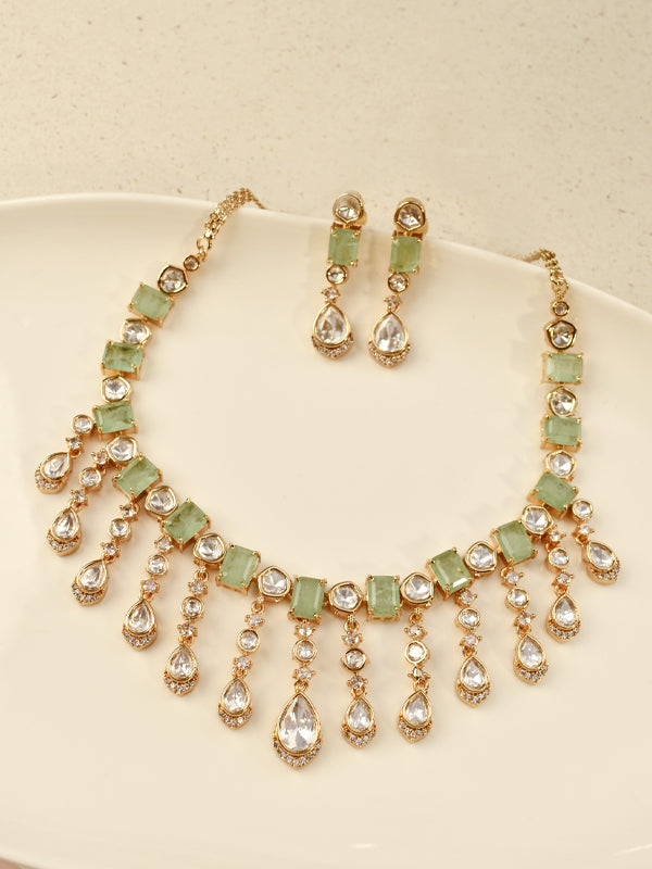 Delicate Necklace with Green Gemstone | Golden Polish Stylish Kundan Necklace Set