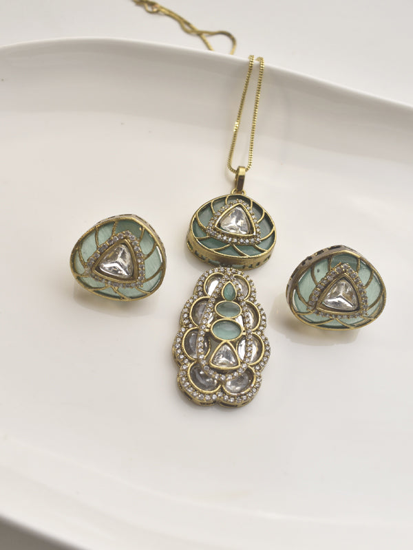 Delicate Pendant Set with a Green Gemstone | Stylish Kundan Pendant Set