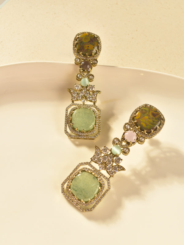 Drop Earring with Oval Green and Yellow Stones