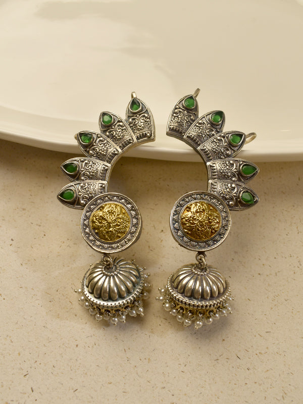 Dual tone oxidised silver ear cuff jhumkas with green stones 