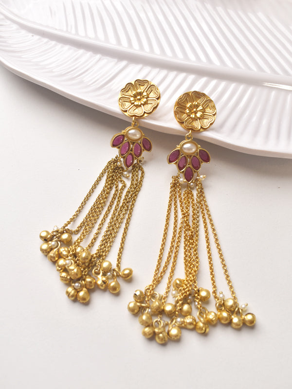 Earrings with Chains and Red Stones 