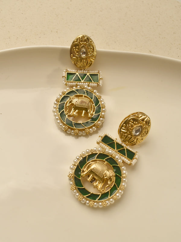 Emerald Green Elephant Medallion Drop Earrings with Pearl Accents 