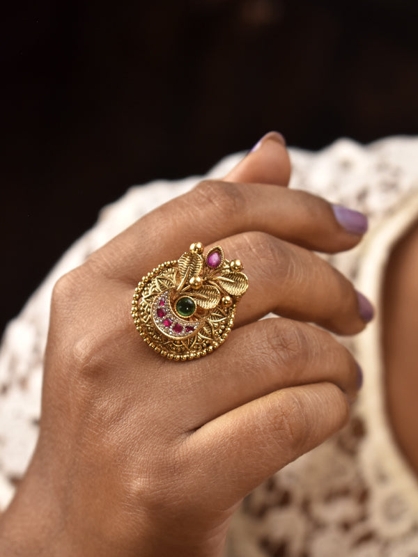 Finger Ring with Green and Pink Stones | Golden Finger Ring with Stone