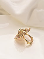 Load image into Gallery viewer, Finger Ring with Green and Pink Stones | Golden Finger Ring with Stone
