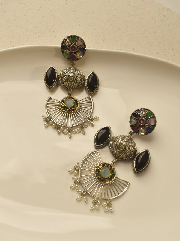 Floral stud oxidised fan shape dangle earrings 