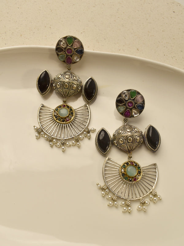 Floral stud oxidised fan shape dangle earrings | vintage oxidised silver geometric drop earrings with multicolor stones & pearls