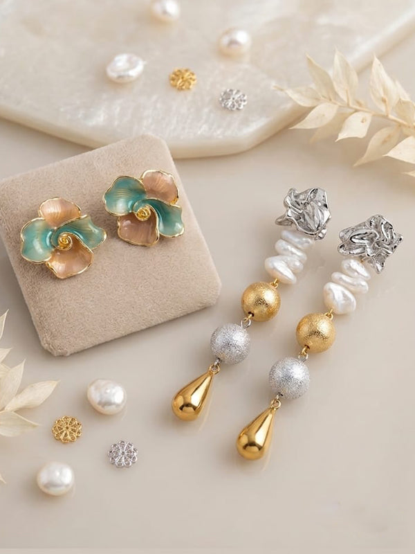Floral Studs & Pearl Long Dangle Earring Bundle 