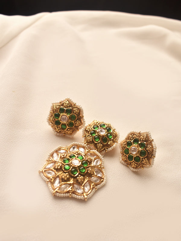 Flower Design Green Pendant Set | Kundan Pendant With Beaded
