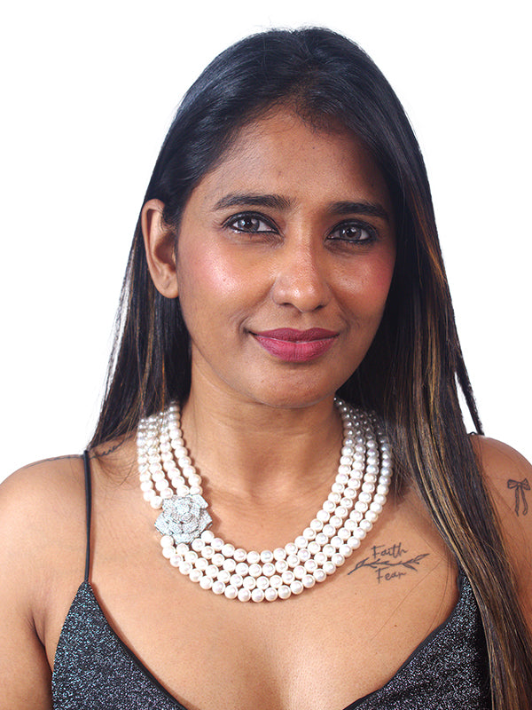 Flower Designs AD Pendant | Four Line Beads Mala