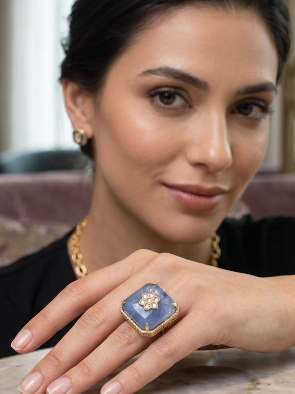 Geometric Square Cut Blue Stone Ring