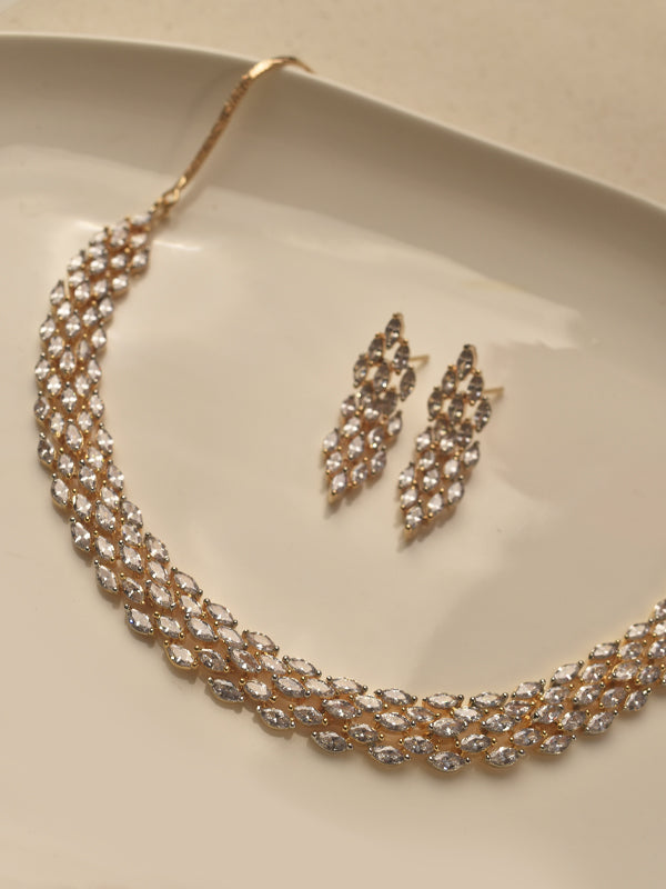 Gold-Tone 3-Line Marquise AD Crystal Collar Necklace Set 