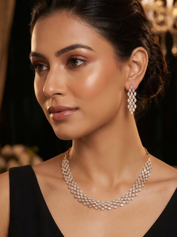 Gold-Tone 3-Line Marquise AD Crystal Collar Necklace Set | Cascading Marquise Wave Golden AD Necklace