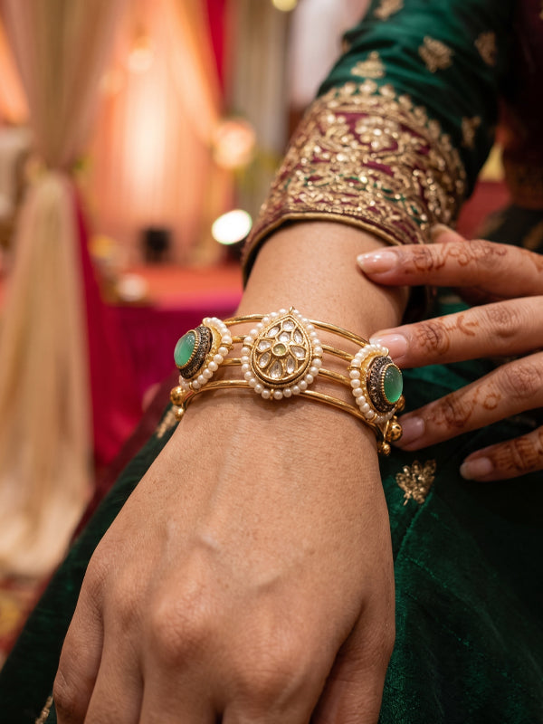 Gold tone kundan & mint green stone open cuff kada bracelet | traditional teardrop polki kundan openable bracelet