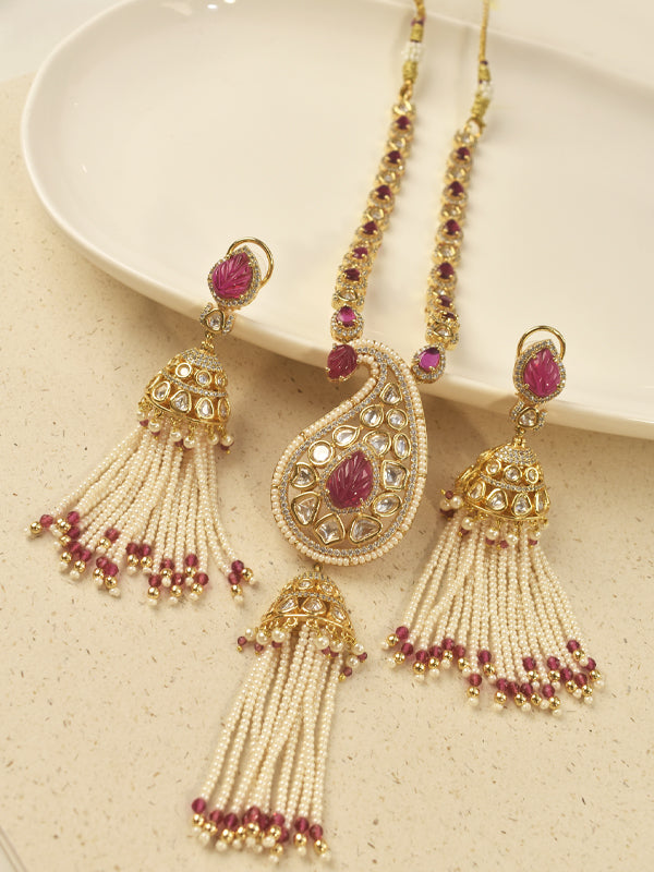 Gold-Toned Ruby & Pearl Tassel Pendant Set