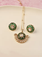 Load image into Gallery viewer, Gold-tone necklace and matching stud earrings set with green enamel detailing and clear rhinestones, 
