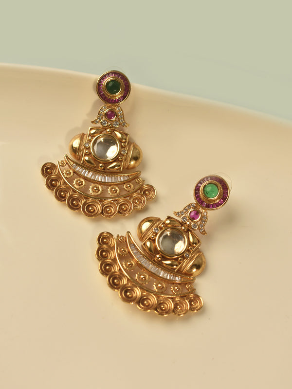 Gold-toned Earrings with Green and Pink Stones