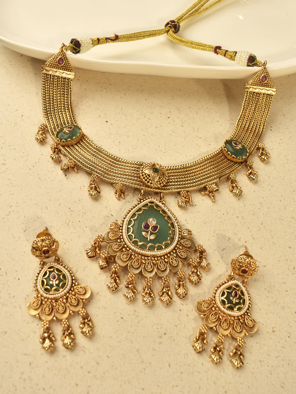 Gold-toned traditional Indian jewelry set featuring a multi-strand necklace