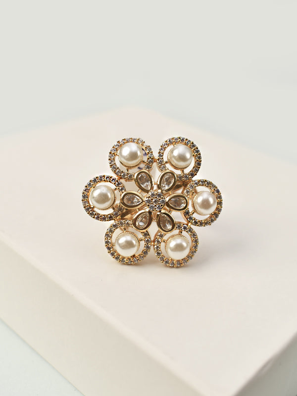 Gold-tones Flower Shape AD Ring 