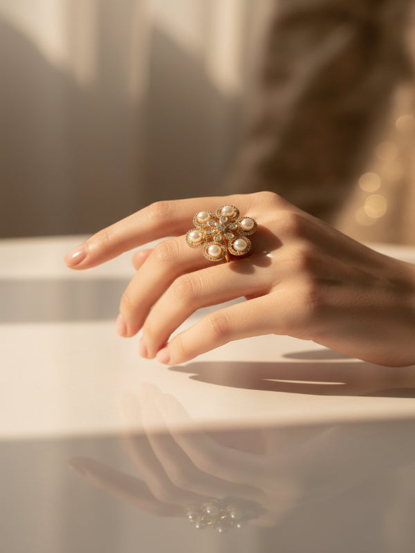 Gold-tones Flower Shape AD Ring | AD Ring With Pearl