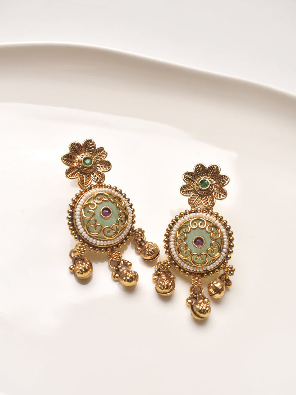Gold Earrings with Green and Red Stones 