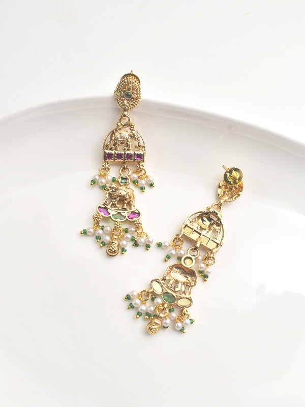 Gold earrings with green and purple accents