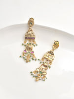 Load image into Gallery viewer, Gold earrings with green and purple accents
