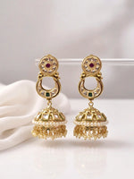 Load image into Gallery viewer, Gold earrings with red and green gemstones 
