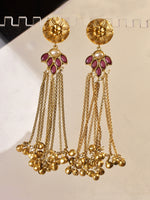 Load image into Gallery viewer, Gold earrings with red gemstones and dangling chains 
