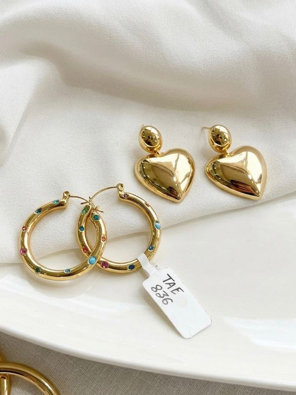 Gold hoop earrings with colorful stones and heart-shaped earrings Combo