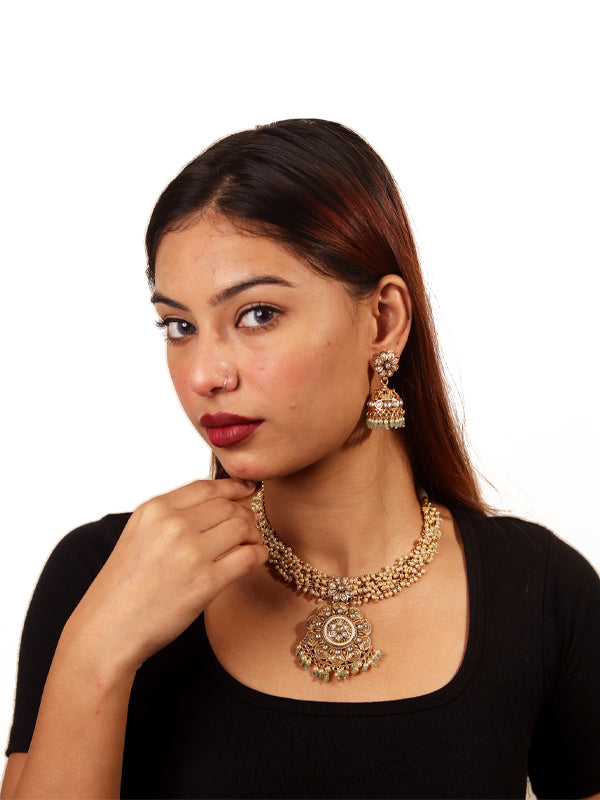 Golden Polish Kundan Necklace Set | Kundan Necklace Set with Beaded