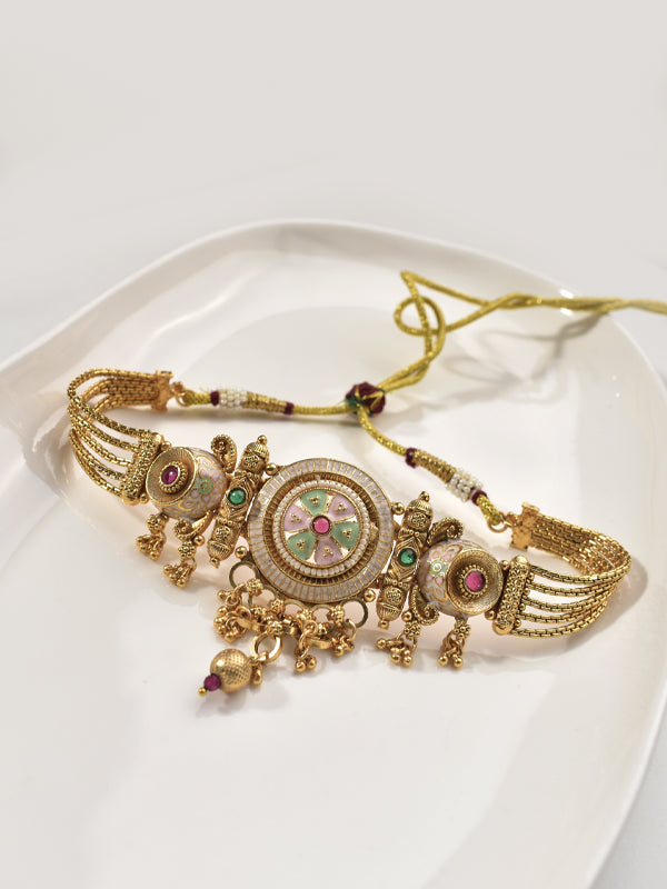 Golden Necklace with Green and Red Stones 