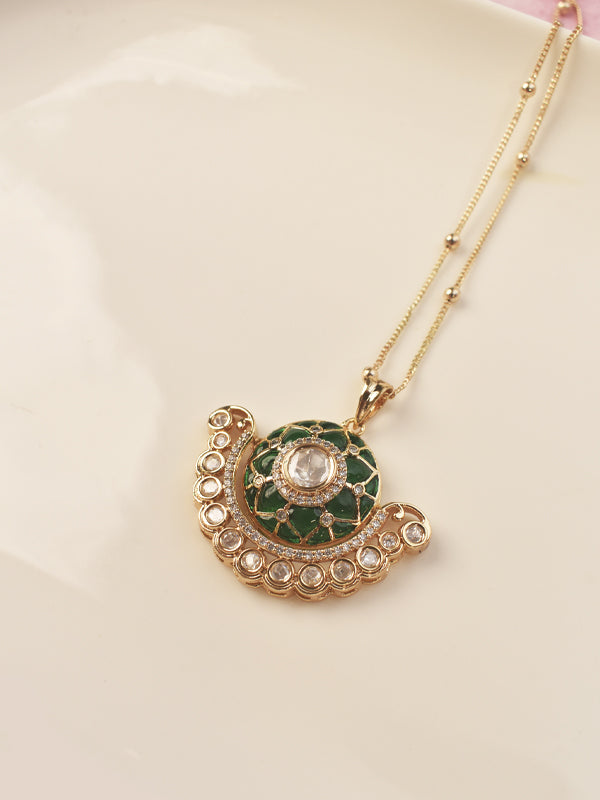 Golden Crescent Moon Pendant Necklace with Green Enamel Detailing