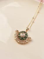 Load image into Gallery viewer, Golden Crescent Moon Pendant Necklace with Green Enamel Detailing
