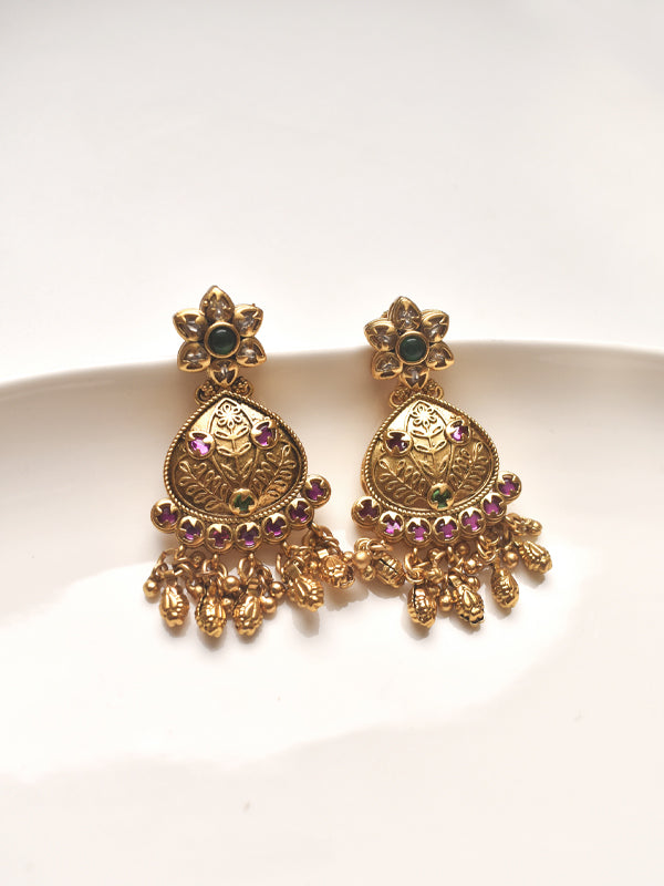 Golden Earring with Green and Purple Stones 