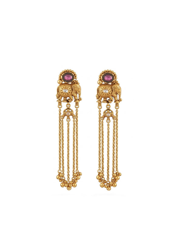Golden Earrings with Chain Designs and Gemstones 