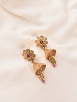 Load image into Gallery viewer, Golden Earrings with Floral designs and Red Gemstones 
