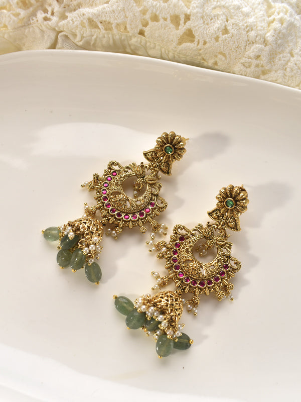 Golden Earrings with Green and Red Stones 