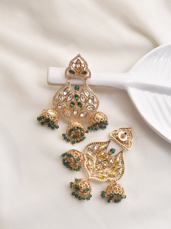 Golden earrings with green and white stones | stylish kundan earring with green beaded