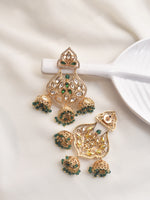 Load image into Gallery viewer, Golden Earrings with Green and White Stones | Stylish Kundan Earring with Green Beaded
