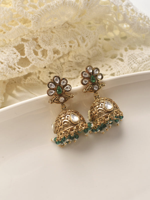 Golden Earrings with Green stone and Kundan Stones 