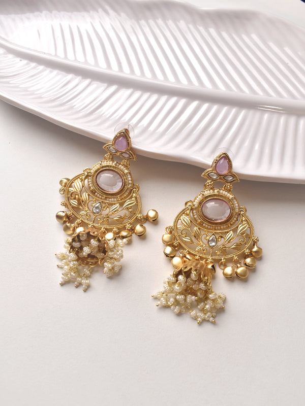 Golden Earrings with Pink Stones 