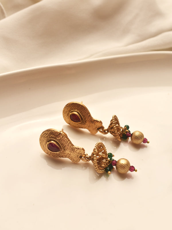 Golden Earrings with Red Stone