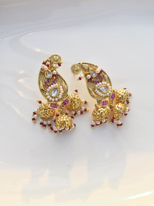 Golden Earrings with Red and White stones 