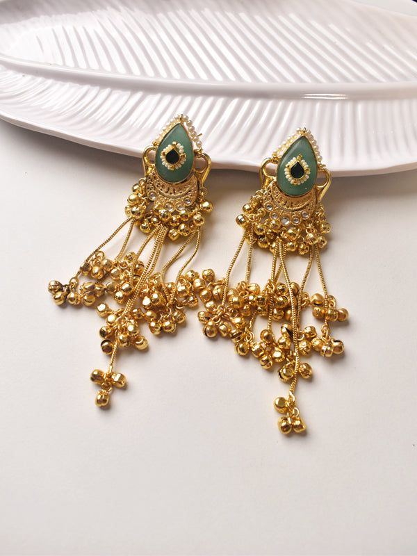 Golden Earrings with Green Gemstones 