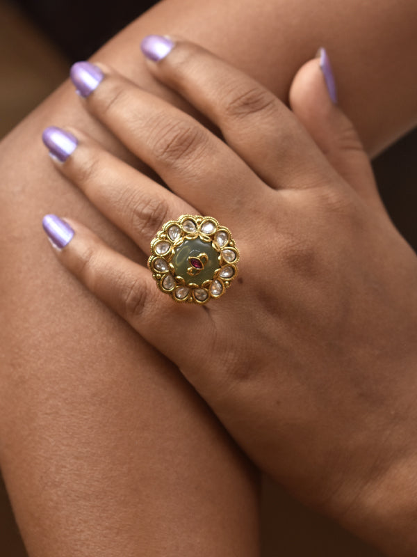 Golden Finger Ring with Kundan | Green Finger Rings For Women